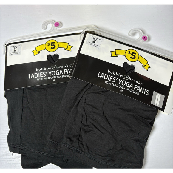 New Black Yoga Pants Lot of 2 Bobbie Brooks Women’s Size M Fold Over Waistband - Picture 1 of 7